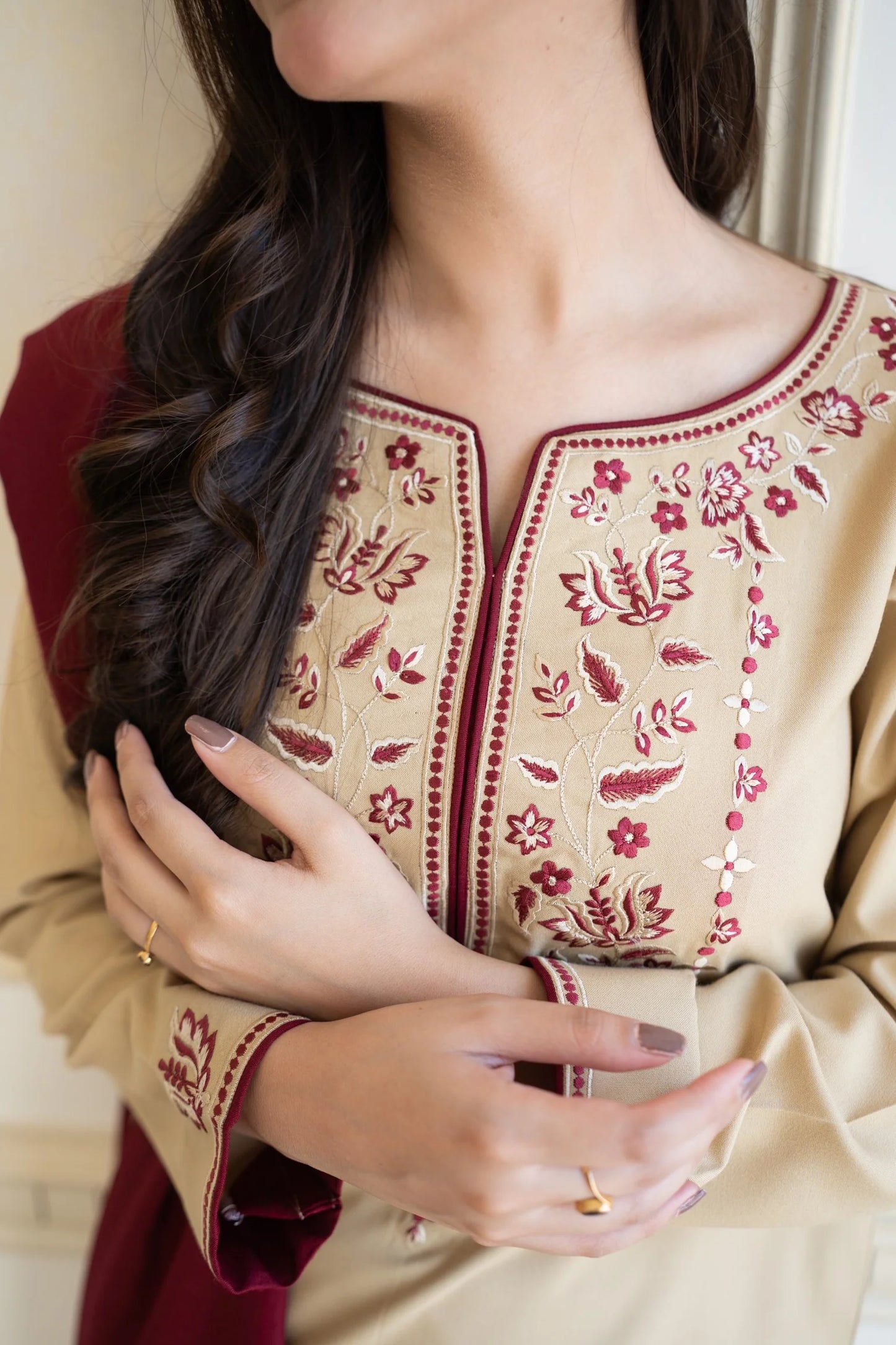 AISLING - 3PC DHANAK EMBROIDERED SHIRT WITH DHANAK EMBROIDERED SHAWL AND DHANAK TROUSER - EP-5081