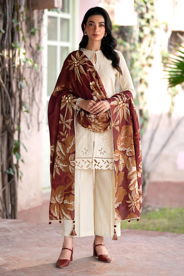 JAZMIN - 3PC DHANAK EMBROIDERED SHIRT WITH COTURE PRINTED SHAWL & TROUSER -EP-5430