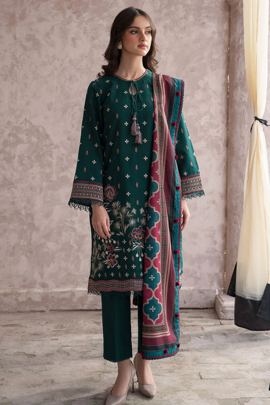 JAZMIN - 3PC DHANAK EMBROIDERED SHIRT WITH COUTURE WOOL PRINT SHAWL & TROUSER-EP-2611