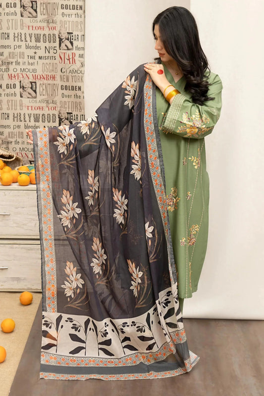 URGE- 3PC DHANAK EMBROIDERED SHIRT WITH COUTURE PRINT SHAWL AND EMB TROUSER-EP-5346