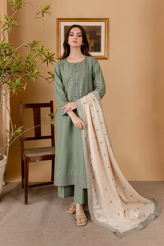 JAZMIN - 3PC DHANAK EMBROIDERED SHIRT WITH DHANAK EMBROIDERED SHAWL AND DHANAK TROUSER- EP-5001