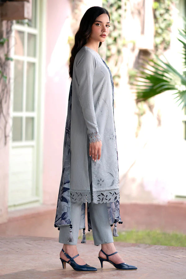 JAZMIN-3PC DHANAK EMBROIDRED SHIRT WITH WOOL PRINT SHAWL AND TROUSER-EP-5400-A