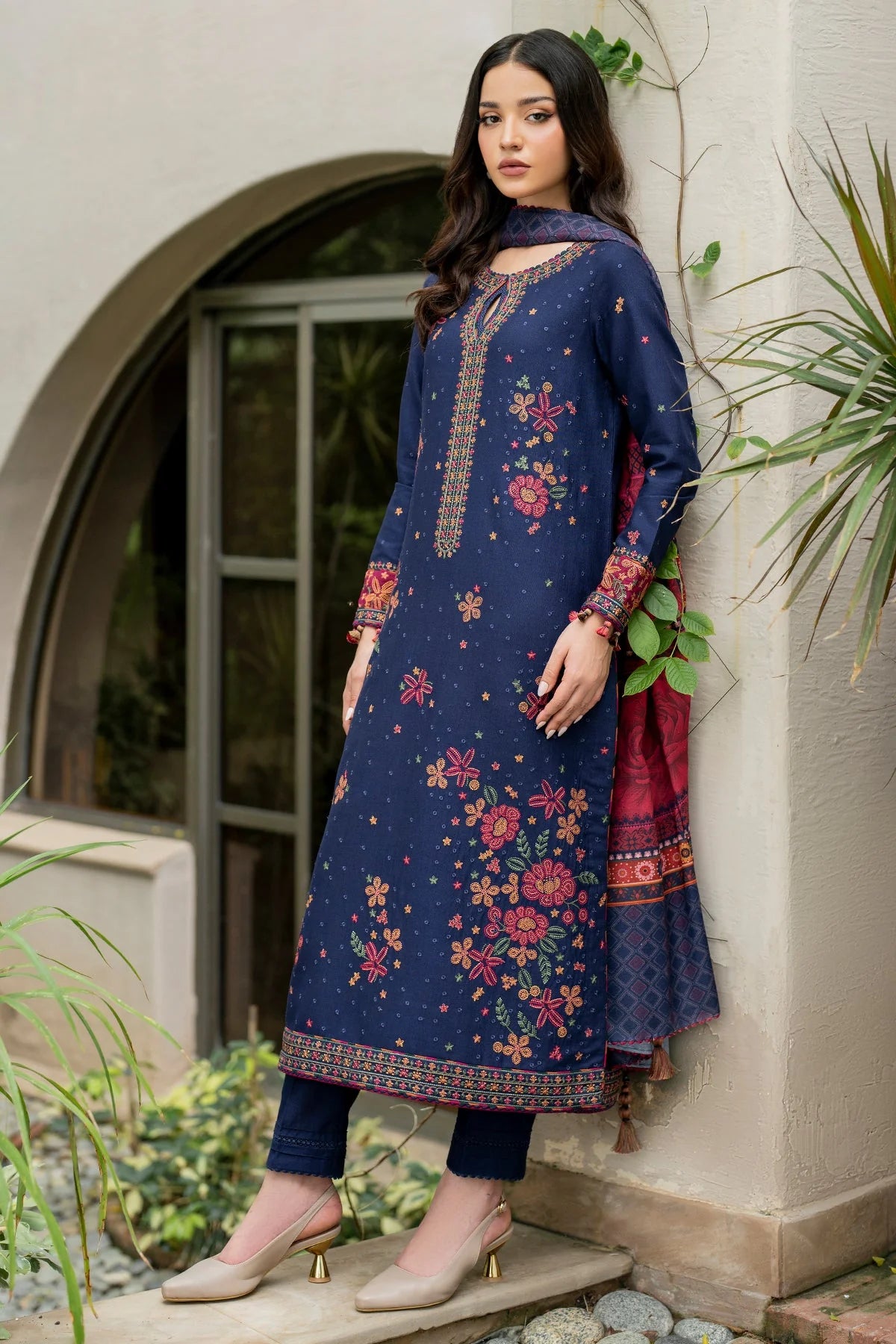 JAZMIN-3PC DHANAK EMBROIDERED SHIRT WITH WOOL PRINT SHAWL &TROUSER-EP-5398