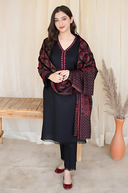 AISLING_3PC DHANAK EMBROIDERED SHIRT WITH WOOL PRINT SHAWL & TROUSER -EP-5088