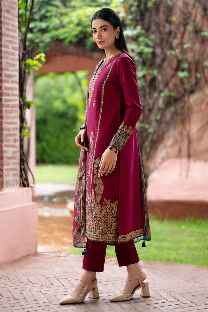 JAZMIN- 3PC DHANAK EMBROIDERED SHIRT WITH WOOL PRINT SHAWL & TROUSER-EP-5380