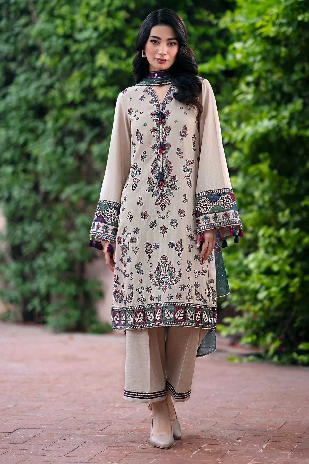 JAZMIN - 3PC DHANAK EMBROIDERED SHIRT WITH COUTURE PRINTED SHAWL AND TROUSER-EP-5413