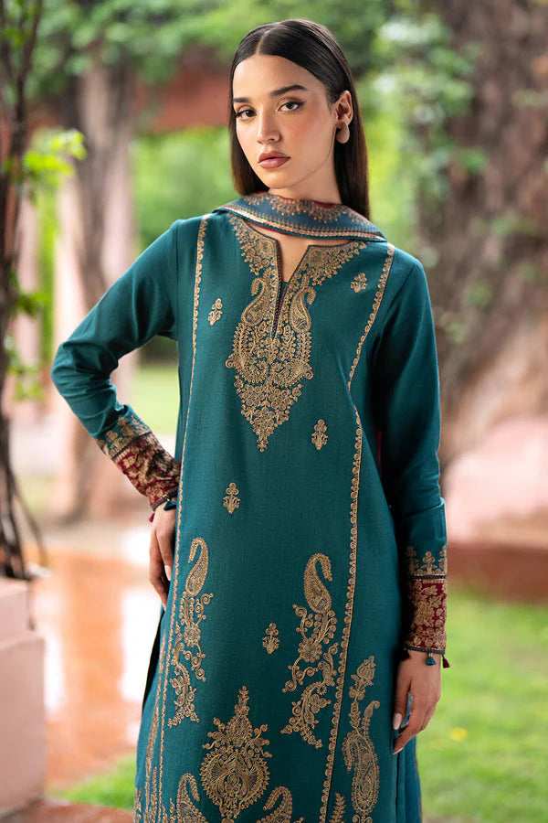 JAZMIN- 3PC DHANAK EMBROIDERED SHIRT WITH WOOL PRINT SHAWL AND TROUSER-EP-5379-A