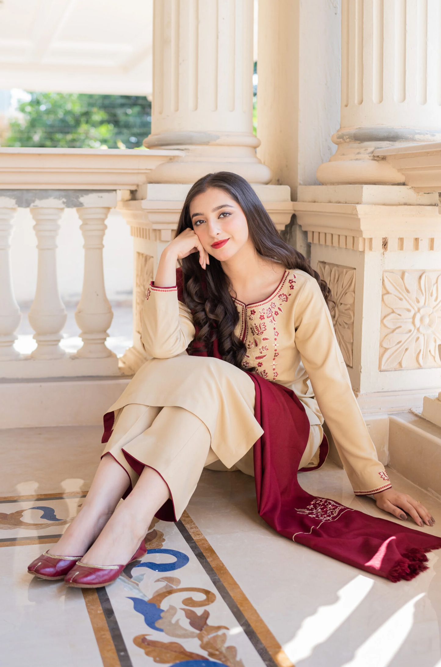 AISLING - 3PC DHANAK EMBROIDERED SHIRT WITH DHANAK EMBROIDERED SHAWL AND DHANAK TROUSER - EP-5081