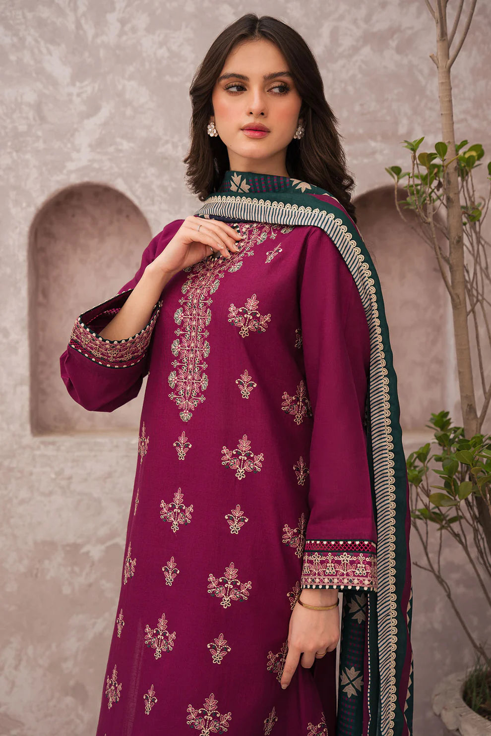 JAZMIN_3PC DHANAK  EMBROIDERED SHIRT WITH WOOL PRINTED SHAWL & TROUSER-EP-5050