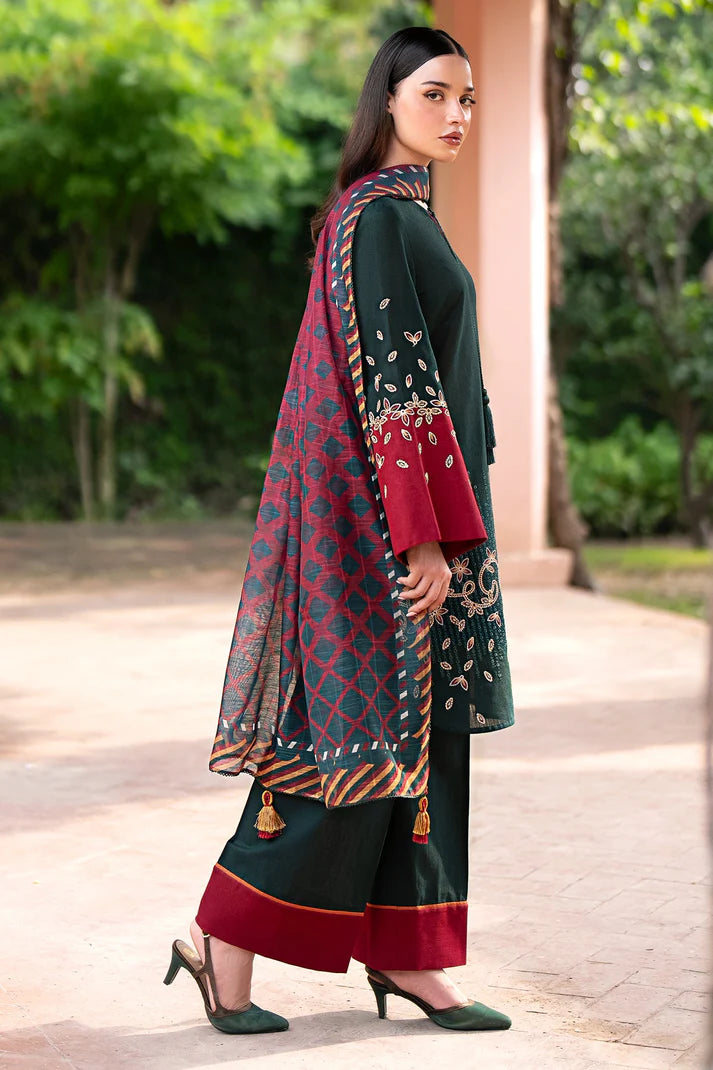 JAZMIN-3PC DHANAK EMBROIDRED SHIRT WITH WOOL PRINT SHAWL & TROUSER-EP-5381