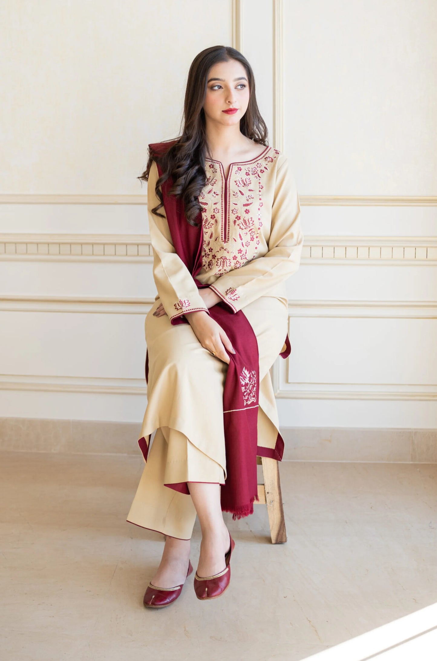 AISLING - 3PC DHANAK EMBROIDERED SHIRT WITH DHANAK EMBROIDERED SHAWL AND DHANAK TROUSER - EP-5081