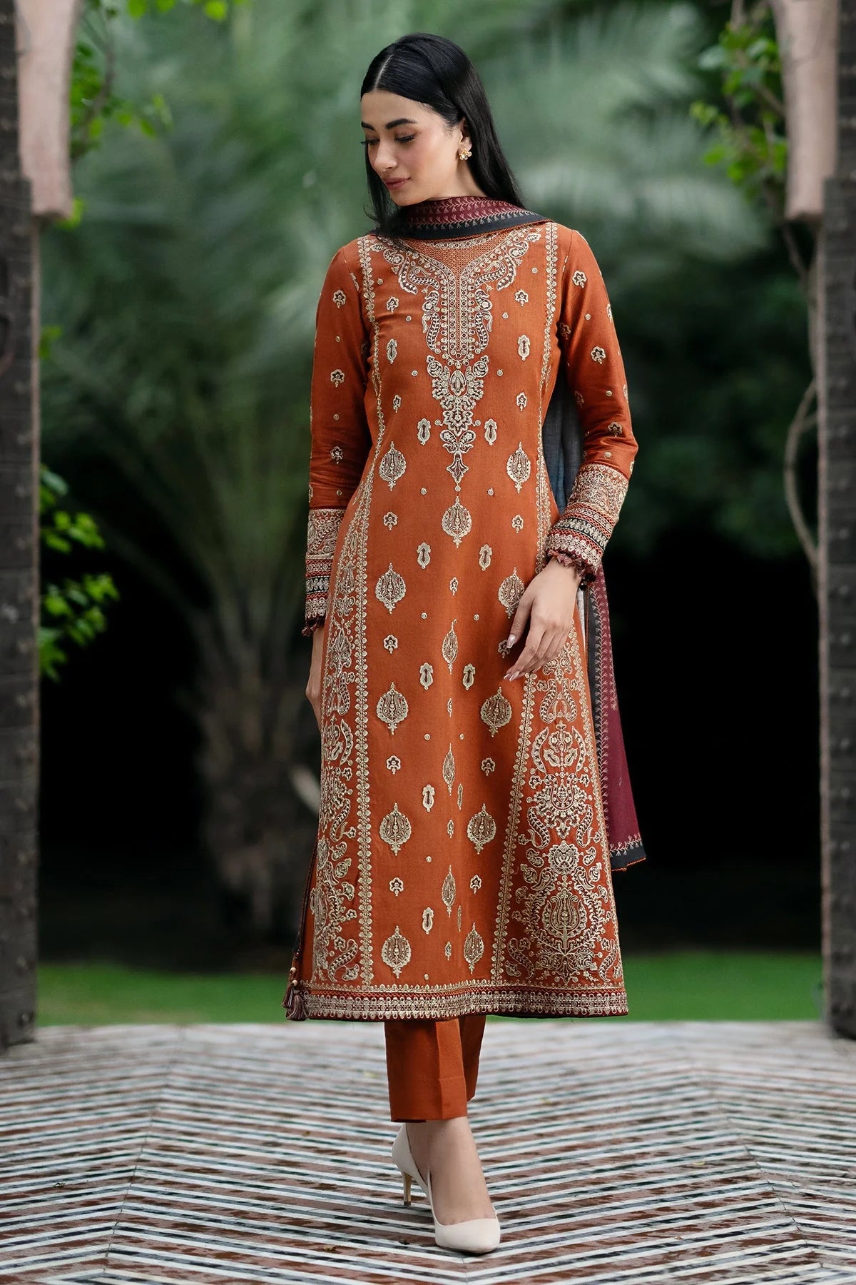 JAZMIN - 3PC DHANAK EMBROIDERED SHIRT WITH TWILL PRINTED SHAWL AND TROUSER -EP-5433