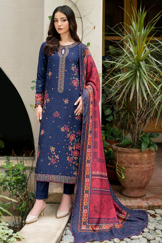 JAZMIN-3PC DHANAK EMBROIDERED SHIRT WITH WOOL PRINT SHAWL &TROUSER-EP-5398