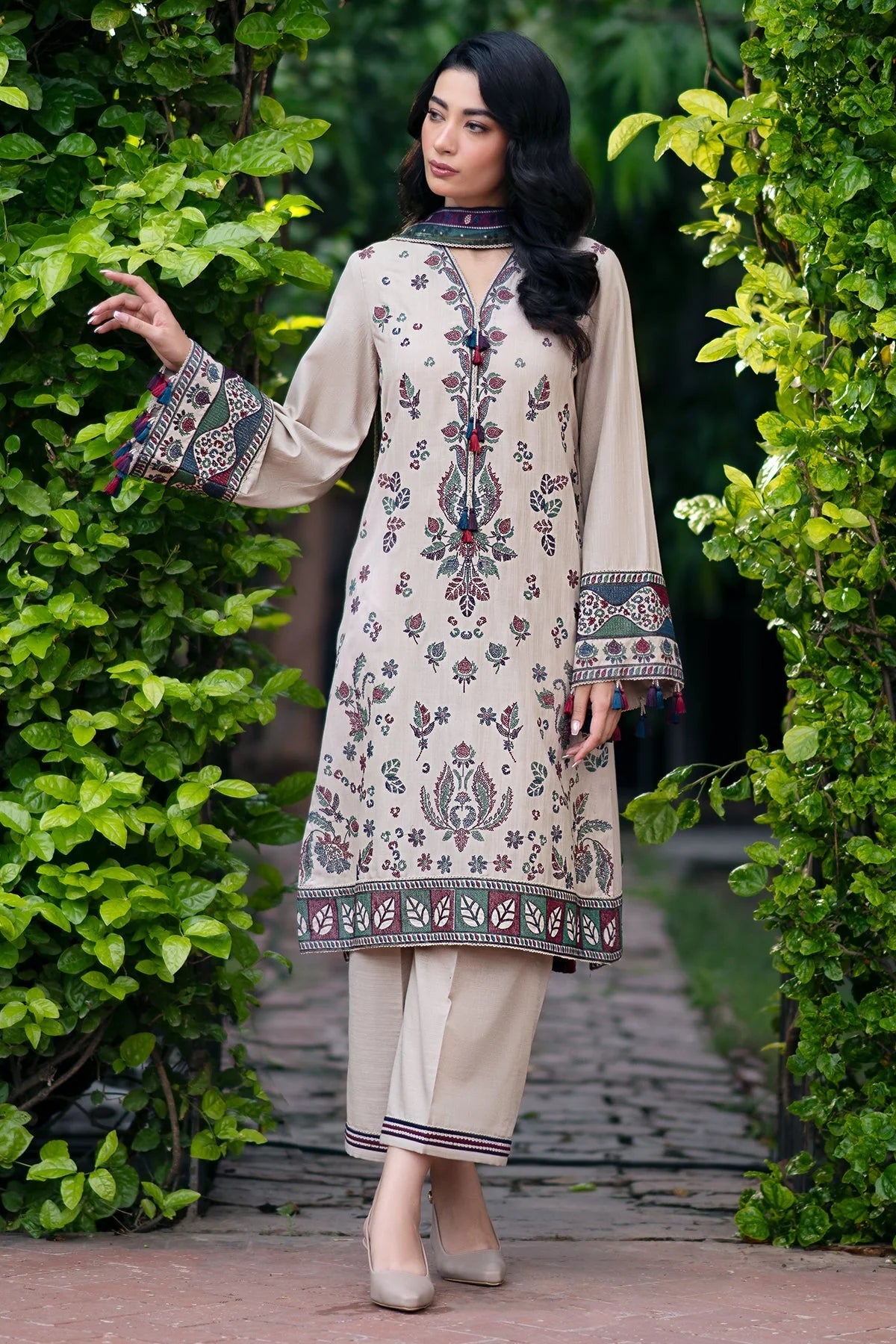 JAZMIN - 3PC DHANAK EMBROIDERED SHIRT WITH COUTURE PRINTED SHAWL AND TROUSER-EP-5413