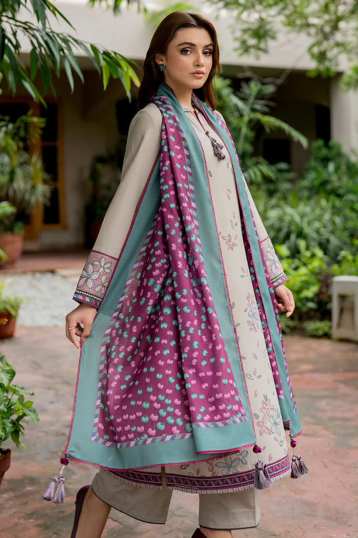 JAZMIN-3PC DHANAK EMBROIDRED SHIRT WITH WOOL PRINT SHAWL AND TROUSER-EP-5382