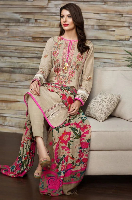 KHAADI-3PC KHADAR EMBROIDRED SHIRT WITH KOTARAI PRINT SHAWL & KHADDAR TROUSER-EP-5329