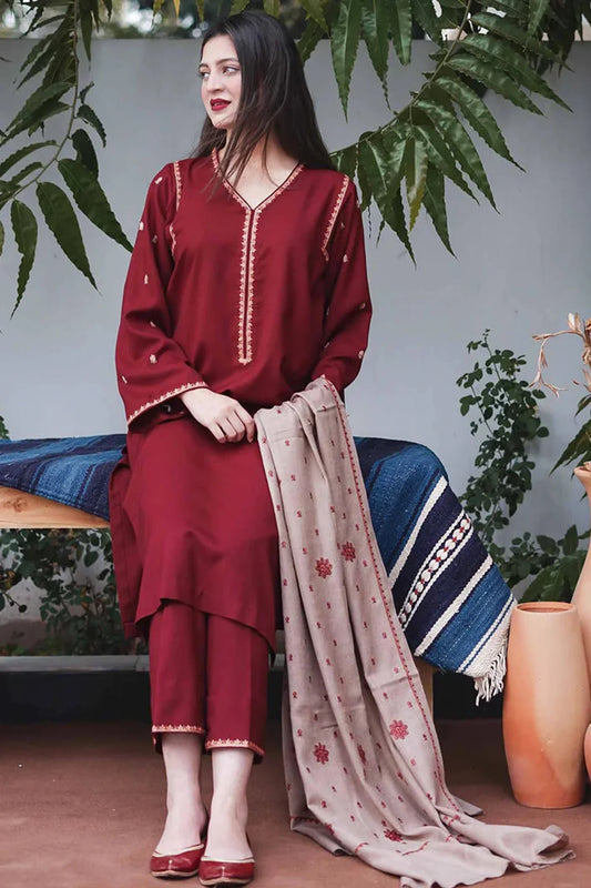 AISLING 3PC DHANAK EMBROIDERED SHIRT WITH DHANAK EMBROIDERED SHAWL EMB DHANAK TROUSER- EP-5090