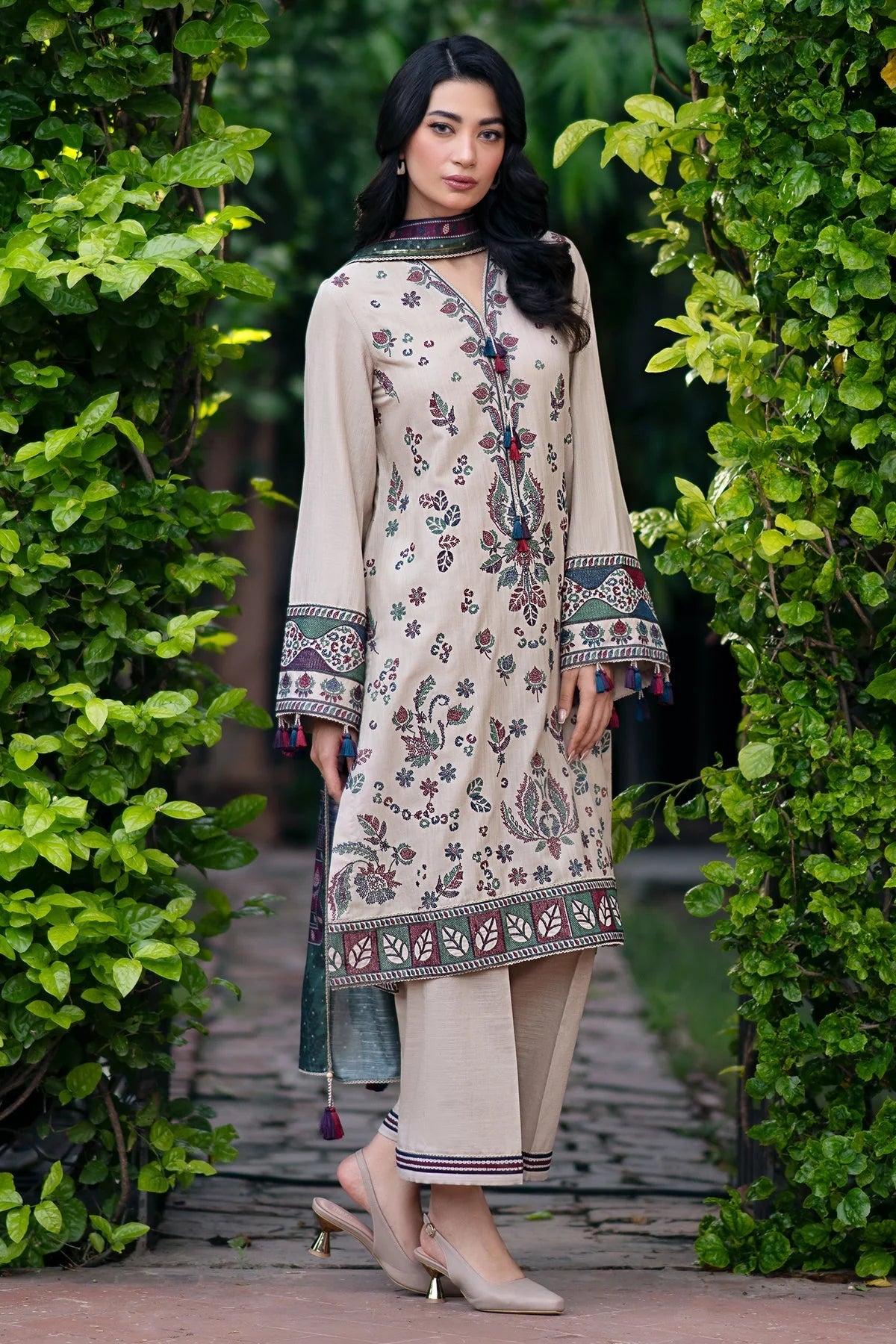 JAZMIN - 3PC DHANAK EMBROIDERED SHIRT WITH COUTURE PRINTED SHAWL AND TROUSER-EP-5413