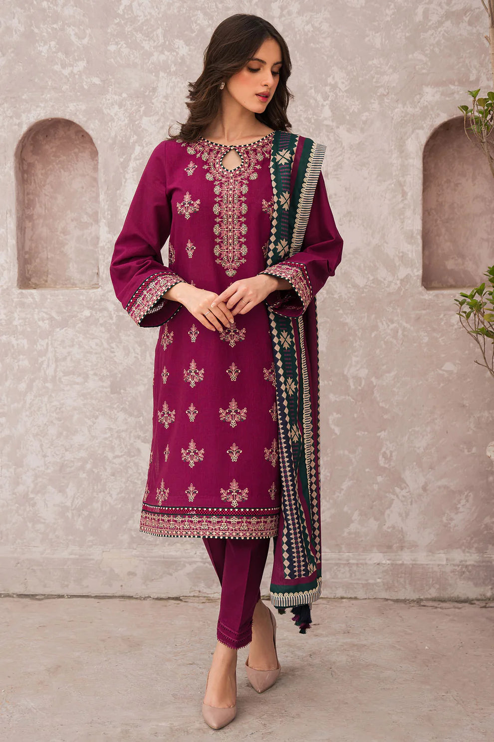 JAZMIN_3PC DHANAK  EMBROIDERED SHIRT WITH WOOL PRINTED SHAWL & TROUSER-EP-5050