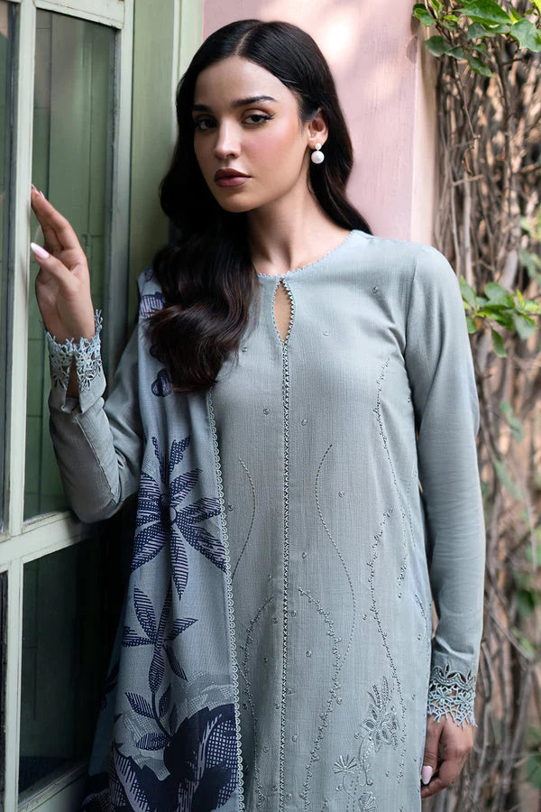 JAZMIN-3PC DHANAK EMBROIDRED SHIRT WITH WOOL PRINT SHAWL AND TROUSER-EP-5400-A