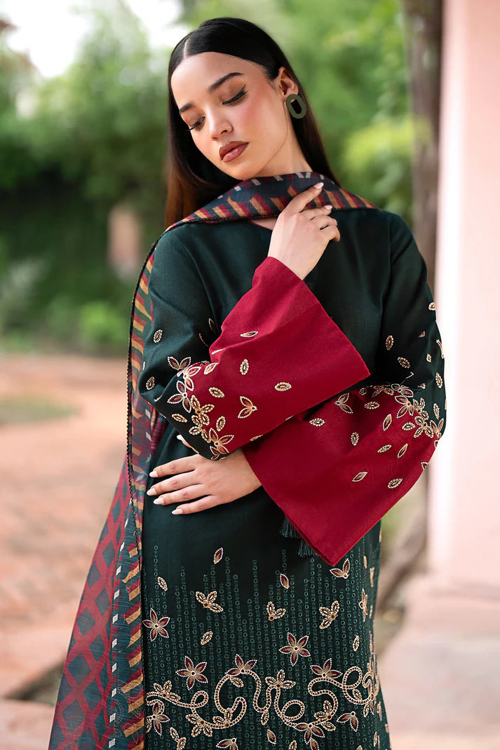 JAZMIN-3PC DHANAK EMBROIDRED SHIRT WITH WOOL PRINT SHAWL & TROUSER-EP-5381