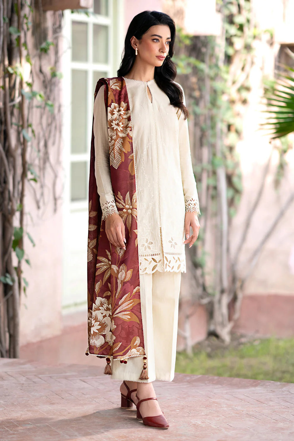 JAZMIN - 3PC DHANAK EMBROIDERED SHIRT WITH COTURE PRINTED SHAWL & TROUSER -EP-5430