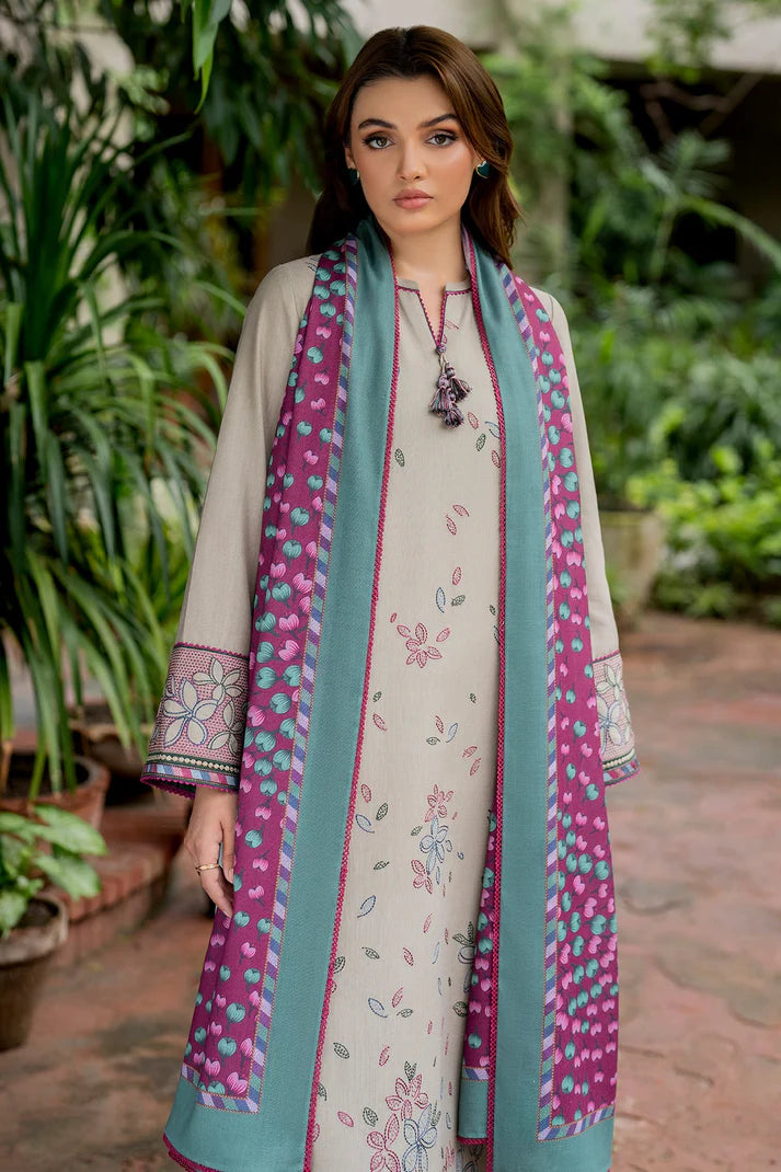 JAZMIN-3PC DHANAK EMBROIDRED SHIRT WITH WOOL PRINT SHAWL AND TROUSER-EP-5382