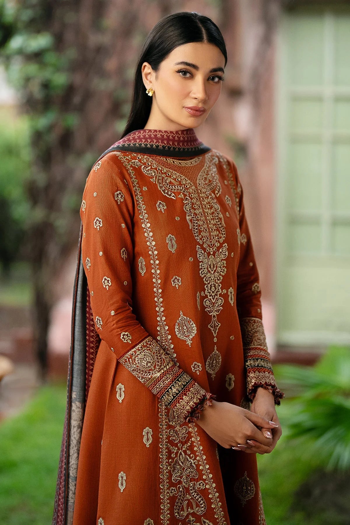 JAZMIN - 3PC DHANAK EMBROIDERED SHIRT WITH TWILL PRINTED SHAWL AND TROUSER -EP-5433