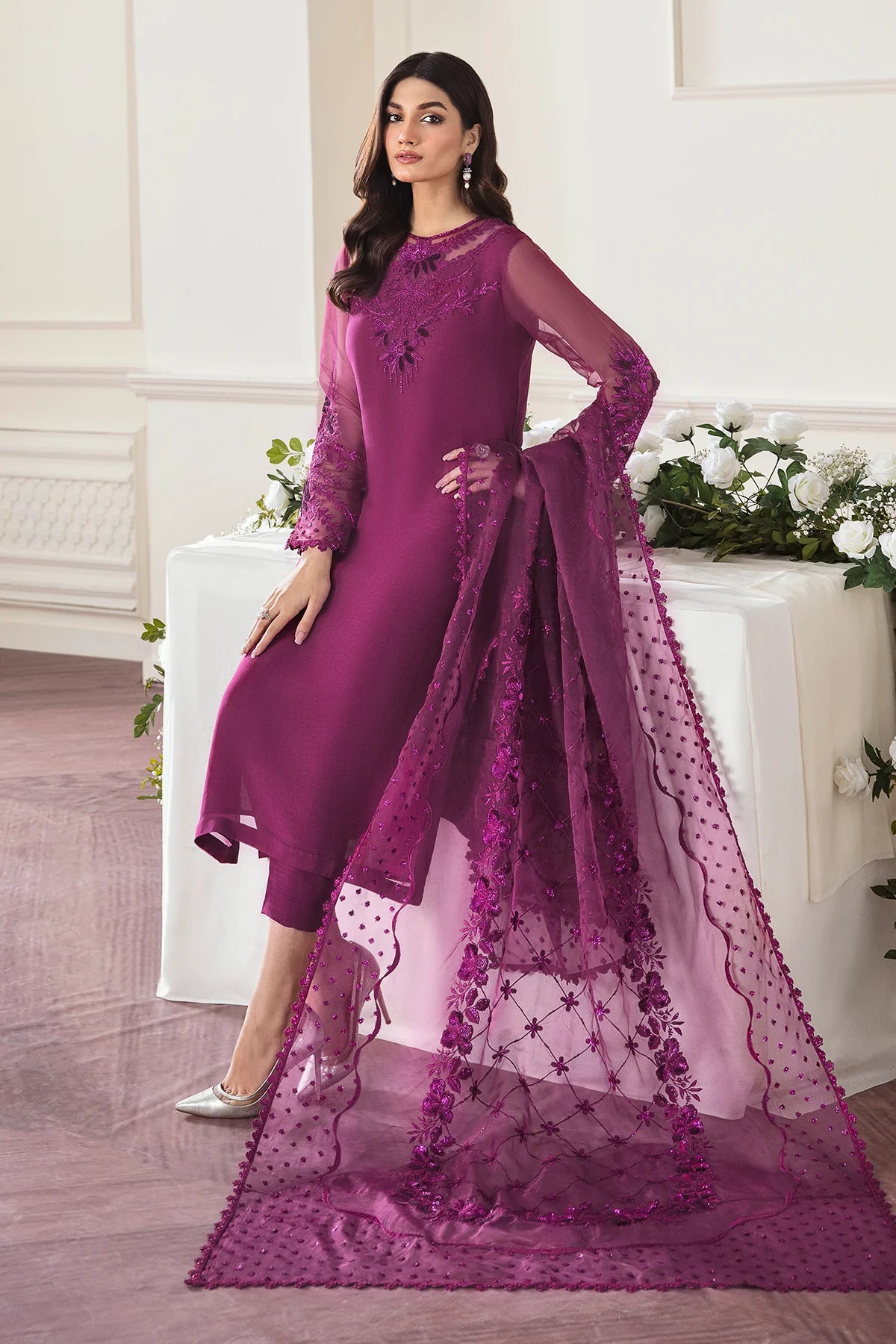 BAROQUE- 3PC ORGANZA EMBROIDERED LAWN SHIRT WITH ORGANZA EMBROIDERED DUPATTA AND TROUSER- EP- 5291