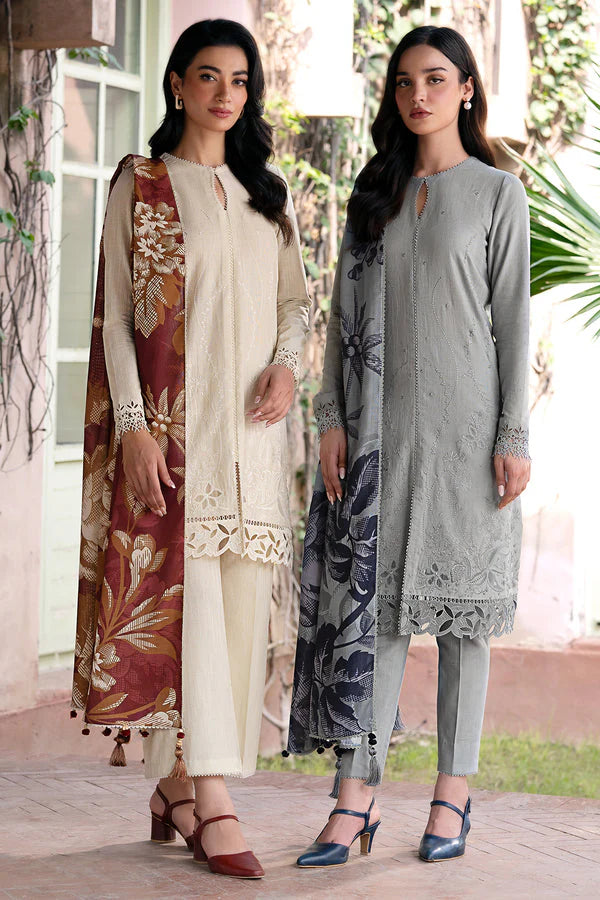 JAZMIN-3PC DHANAK EMBROIDRED SHIRT WITH WOOL PRINT SHAWL AND TROUSER-EP-5400-A