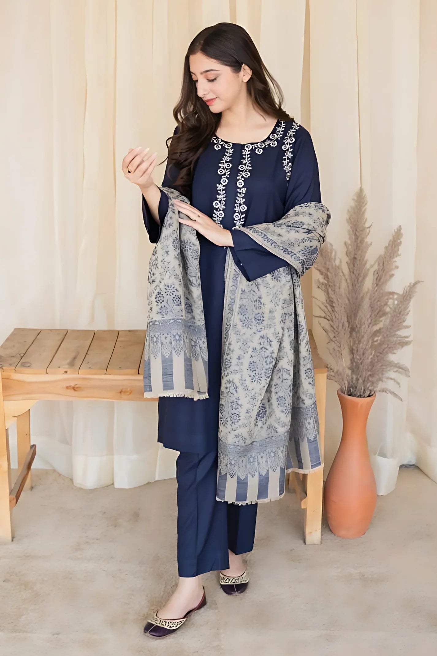 ASLING 3PC DHANAK EMBROIDERED SHIRT WITH WOOL PRINT SHAWL & TROUSER - EP- 5089