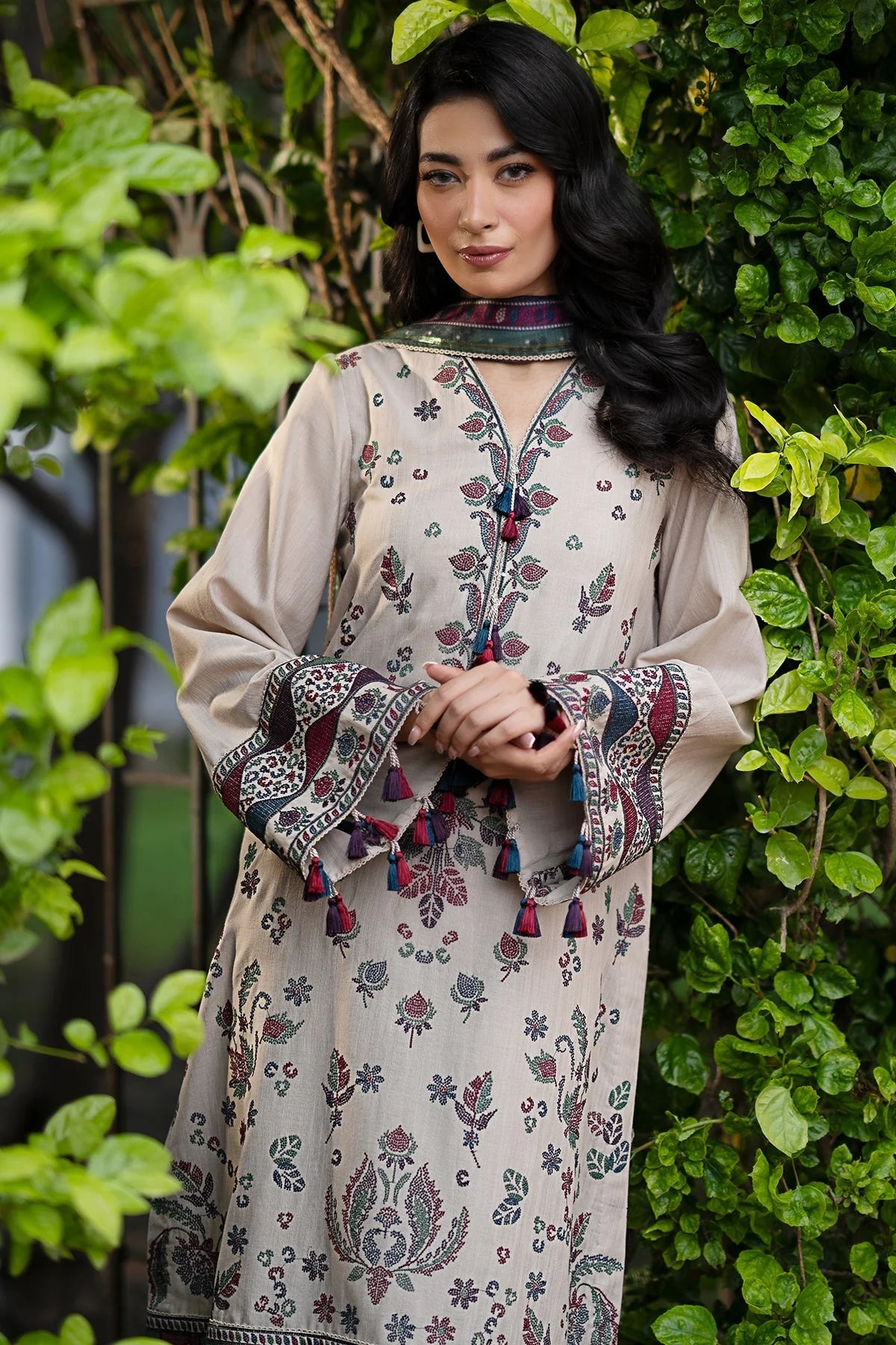 JAZMIN - 3PC DHANAK EMBROIDERED SHIRT WITH COUTURE PRINTED SHAWL AND TROUSER-EP-5413