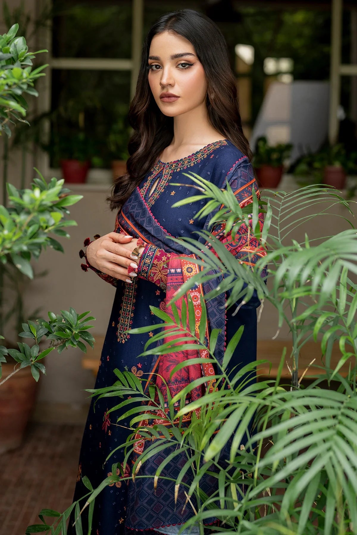 JAZMIN-3PC DHANAK EMBROIDERED SHIRT WITH WOOL PRINT SHAWL &TROUSER-EP-5398