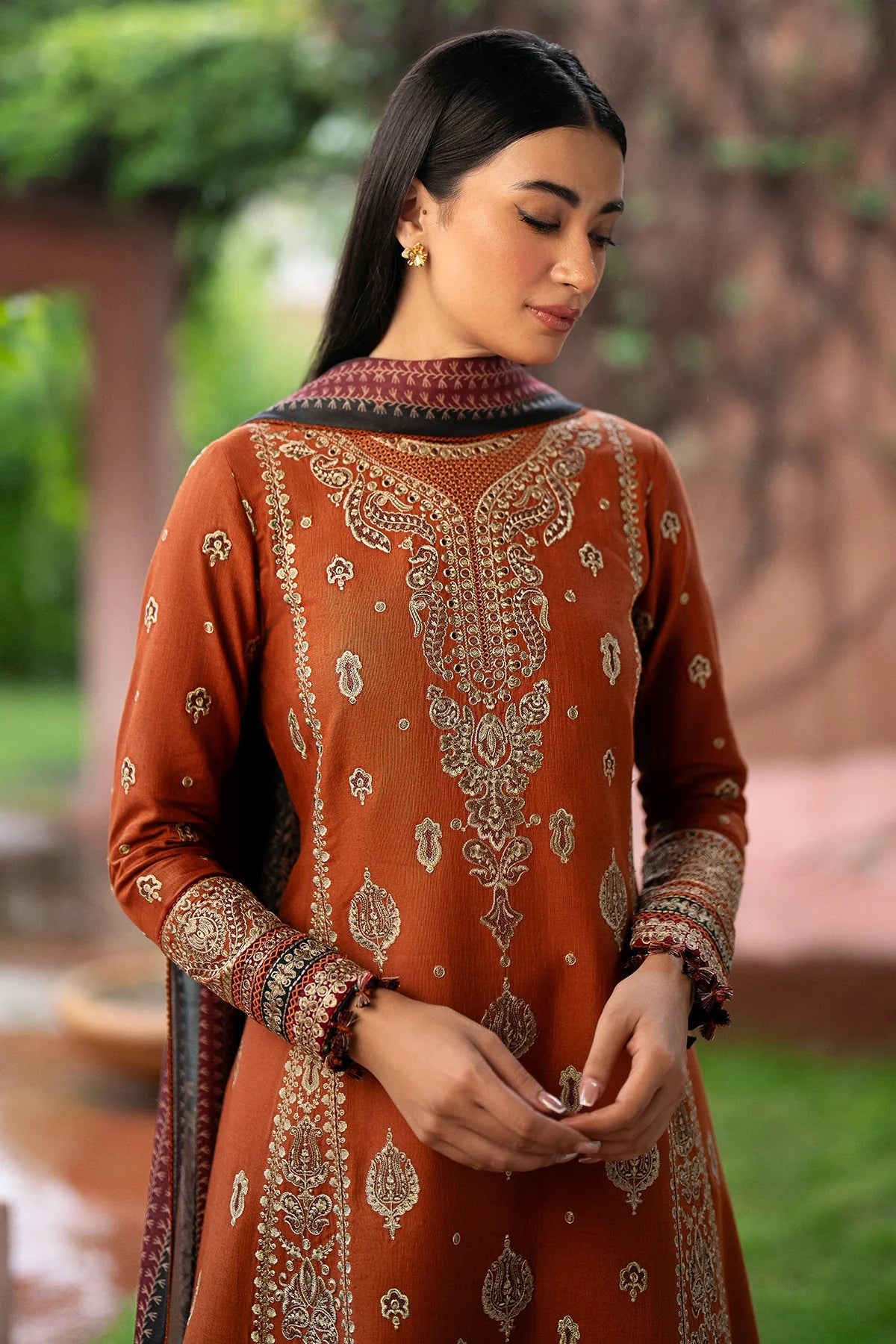 JAZMIN - 3PC DHANAK EMBROIDERED SHIRT WITH TWILL PRINTED SHAWL AND TROUSER -EP-5433