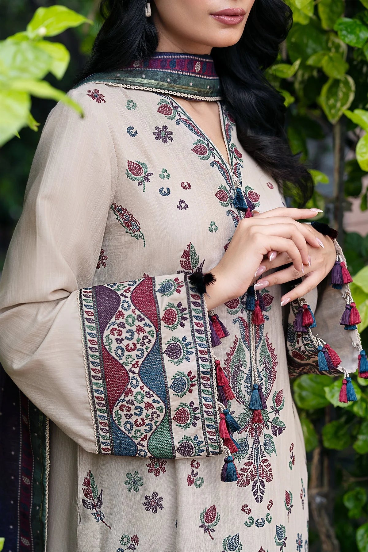 JAZMIN - 3PC DHANAK EMBROIDERED SHIRT WITH COUTURE PRINTED SHAWL AND TROUSER-EP-5413