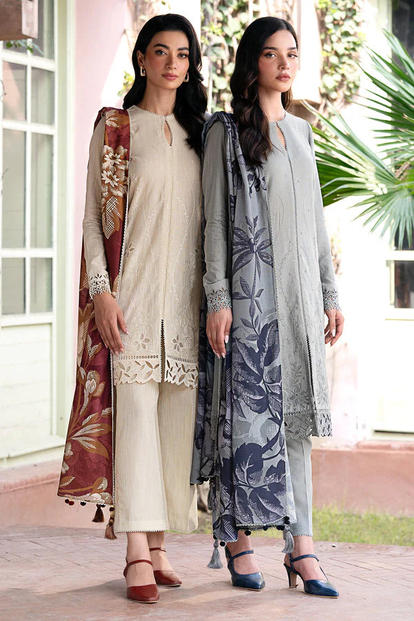 JAZMIN-3PC DHANAK EMBROIDRED SHIRT WITH WOOL PRINT SHAWL AND TROUSER-EP-5400-A