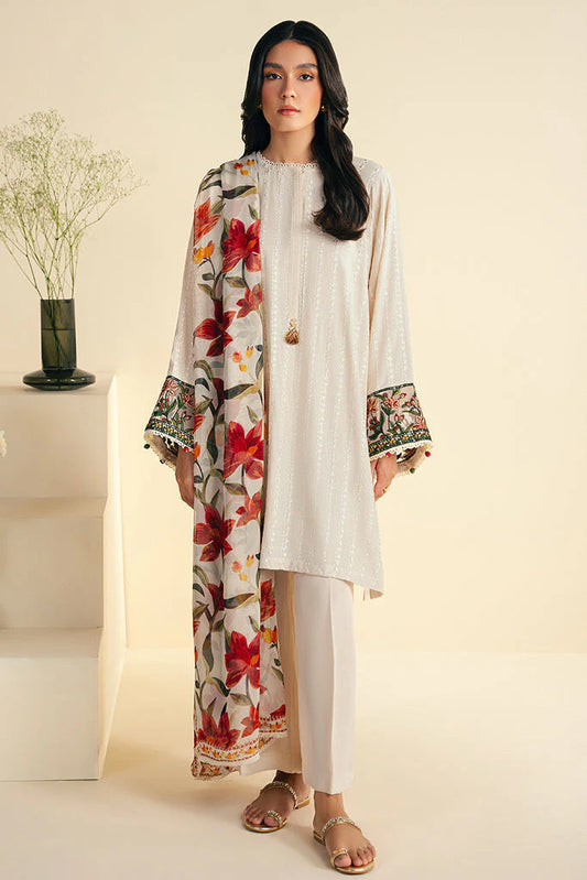 JAZMIN-3PC KHADDAR EMBROIDERED SHIRT WITH WOOL PRINT SHAWL AND TROUSER-EP-5403-B