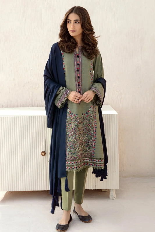 JAZMIN-3PC DHANAK EMBROIDERED SHIRT  WITH DHANAK SHAWL & TROUSER-EP-5083