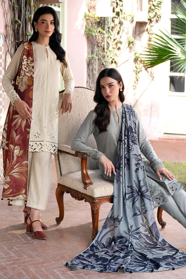 JAZMIN-3PC DHANAK EMBROIDRED SHIRT WITH WOOL PRINT SHAWL AND TROUSER-EP-5400-A