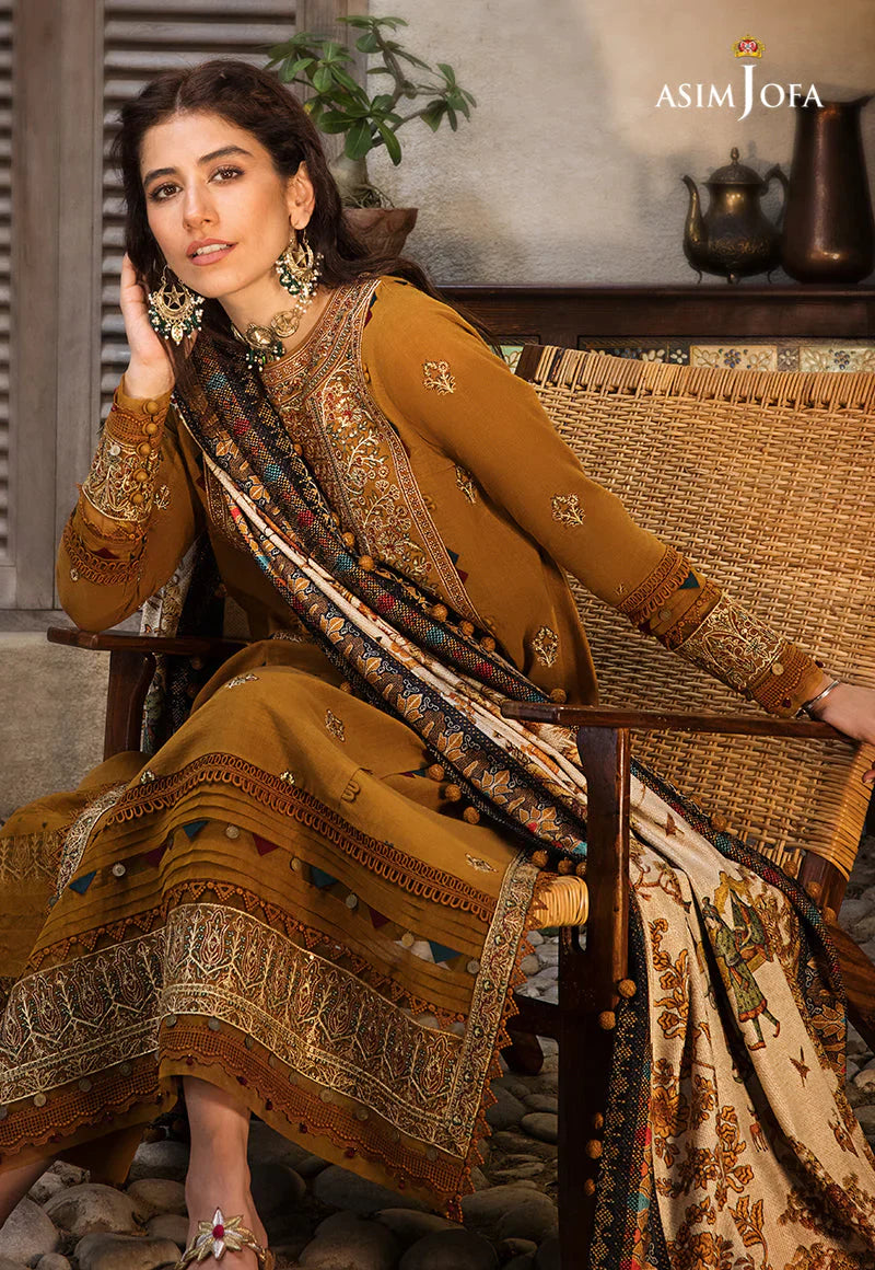 ASIM JOFA-3PC DHANAK EMBROIDERED SHIRT WITH WOOL PRINTED SHAWL & TROUSER-EP-5125