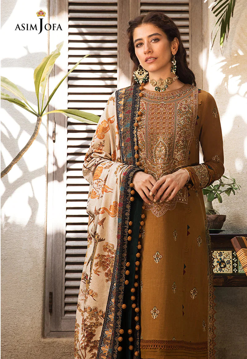 ASIM JOFA-3PC DHANAK EMBROIDERED SHIRT WITH WOOL PRINTED SHAWL & TROUSER-EP-5125