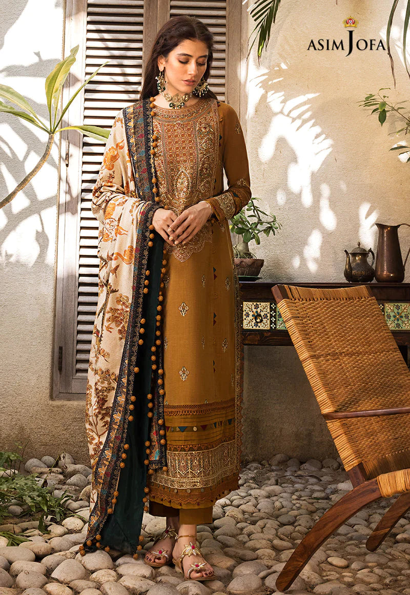 ASIM JOFA-3PC DHANAK EMBROIDERED SHIRT WITH WOOL PRINTED SHAWL & TROUSER-EP-5125