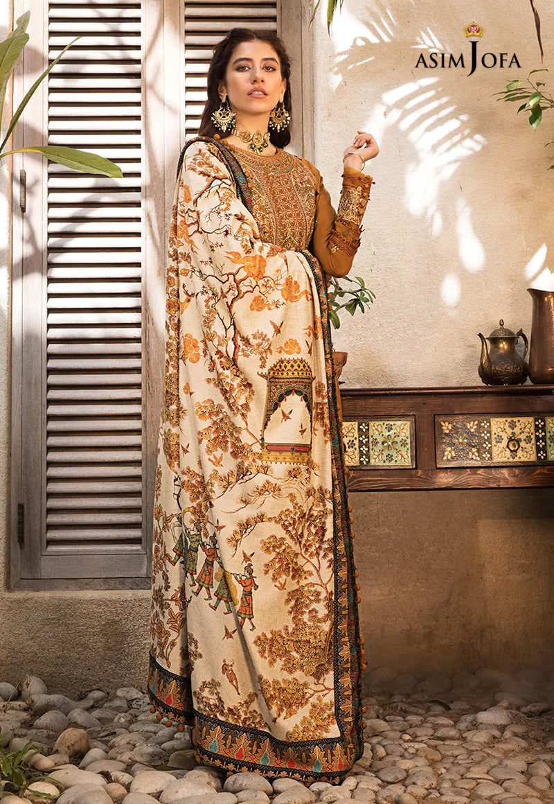 ASIM JOFA-3PC DHANAK EMBROIDERED SHIRT WITH WOOL PRINTED SHAWL & TROUSER-EP-5125