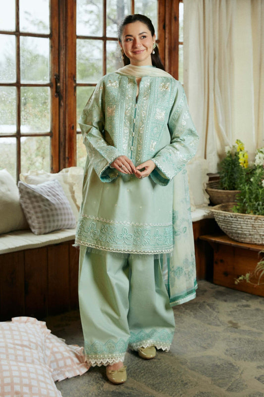 ZAHRA SHAHJAHAN- 3PC DHANAK EMBROIDERED SHIRT WITH COUTURE PRINTED SHAWL & EMB TROUSER -EP-5261