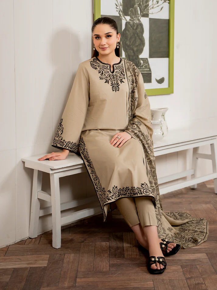 GRANET-3PC DHANAK EMBROIDERED SHIRT WITH COUTURE PRINT SHAWL & DHANAK TROUSER-EP-5352