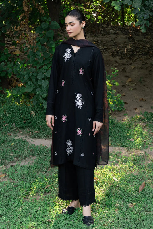 ZIVA - 3PC DHANAK EMBROIDERED SHIRT WITH TWILL PRINTED SHAWL & TROUSER-EP-5010