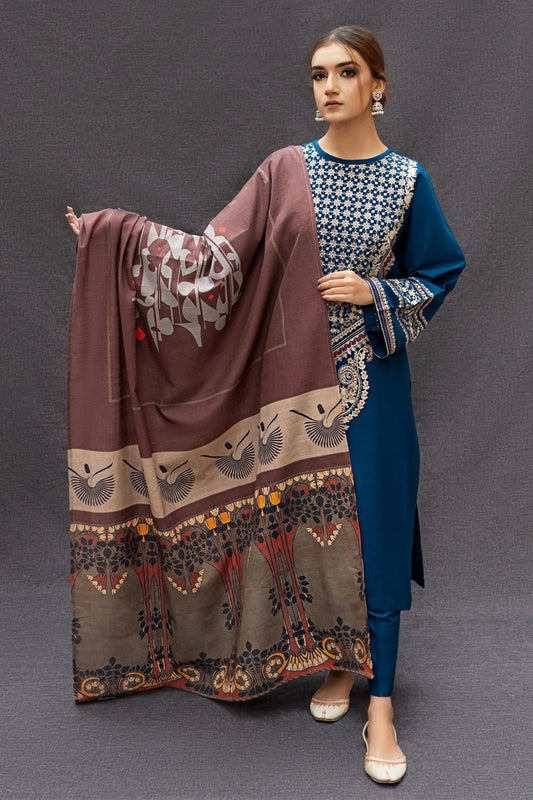 URGE - 3PC DHANAK EMBROIDERED SHIRT WITH PRINTED PASHMINA SHAWL AND TROUSER - EP-5020