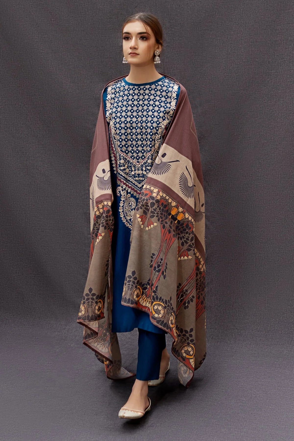 URGE - 3PC DHANAK EMBROIDERED SHIRT WITH PRINTED PASHMINA SHAWL AND TROUSER - EP-5020