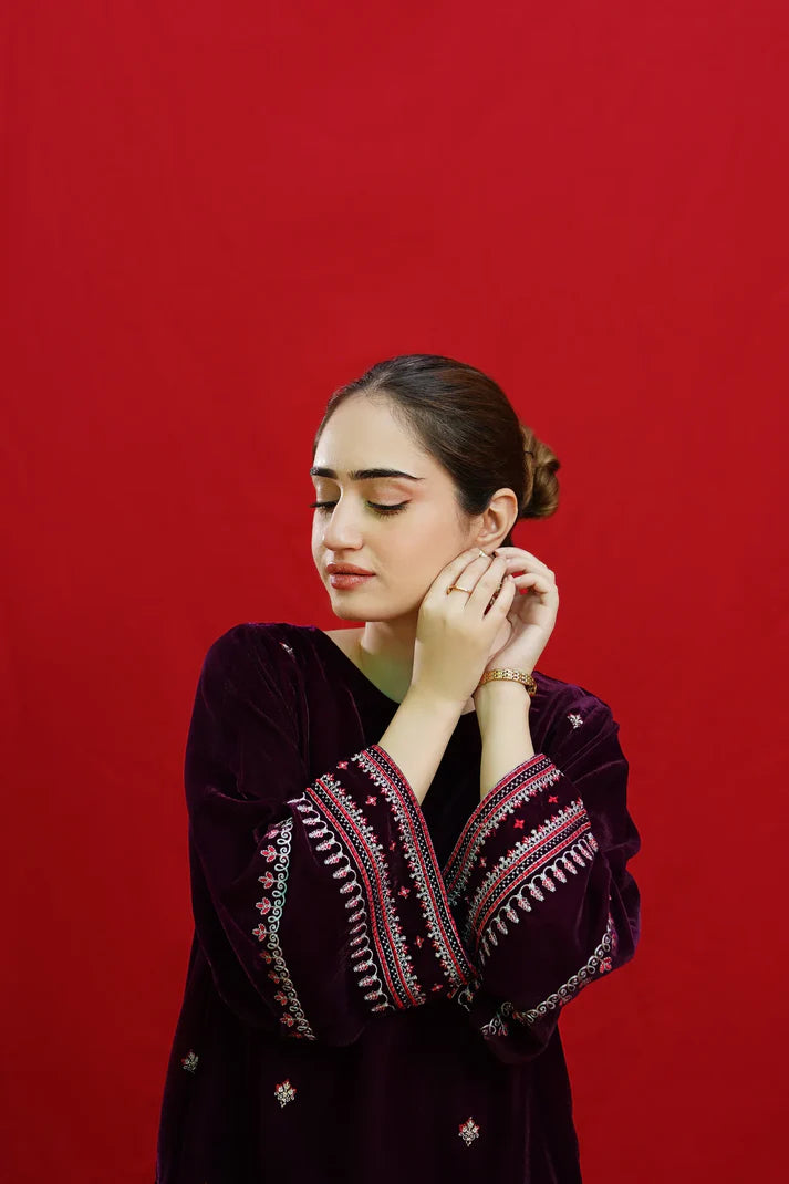 URGE-2PC VELVET EMBROIDERED SHIRT WITH VELEVT EMBROIDERED SLEEVES-EP-D-19-MICROO-9000