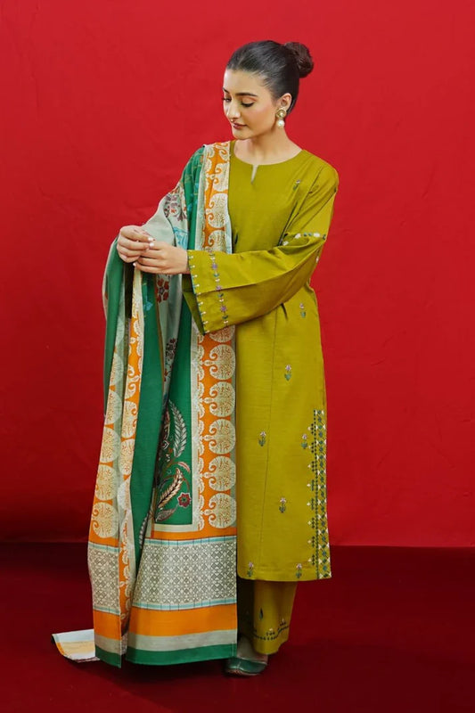 URGE - 3PC DHANAK EMBROIDERED SHIRT WITH TWILL PRINTED SHAWL & EMB TROUSER-EP-5496